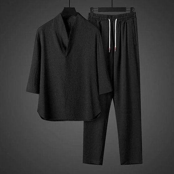 Mens Chinese Style Ice Silk Casual Suit
