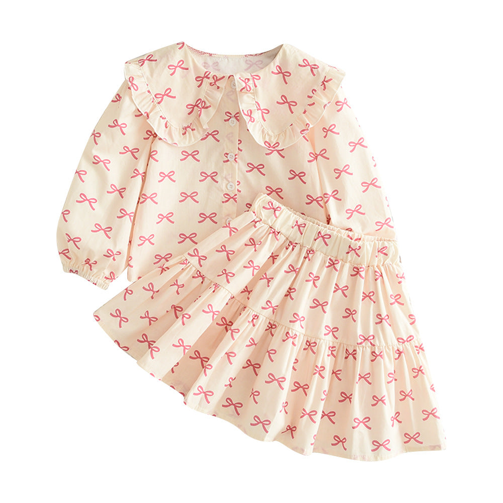 Childrens Bow Print Long Sleeve Shirt and Skirt Set
