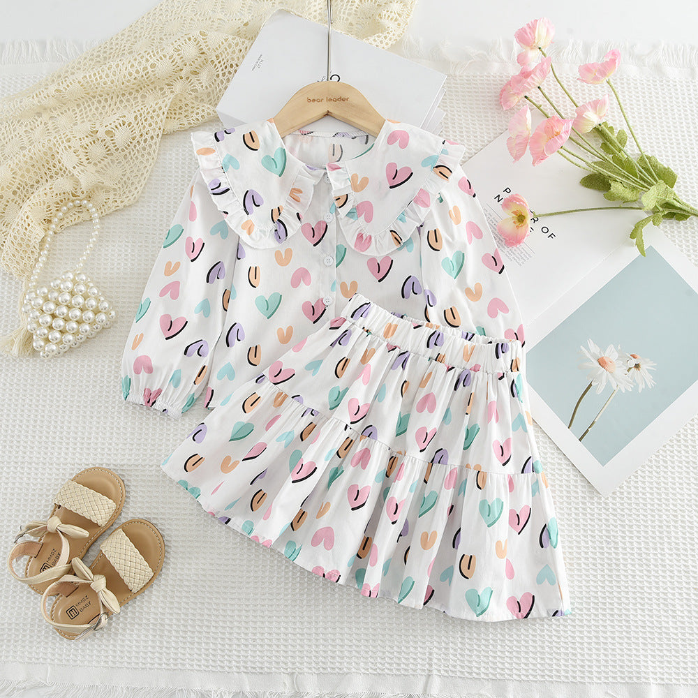 Childrens Bow Print Long Sleeve Shirt and Skirt Set