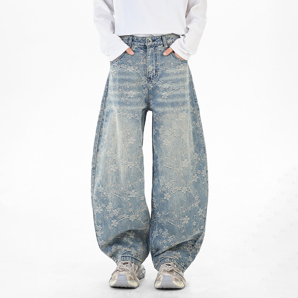 Floral Jacquard Straight Leg Denim Pants