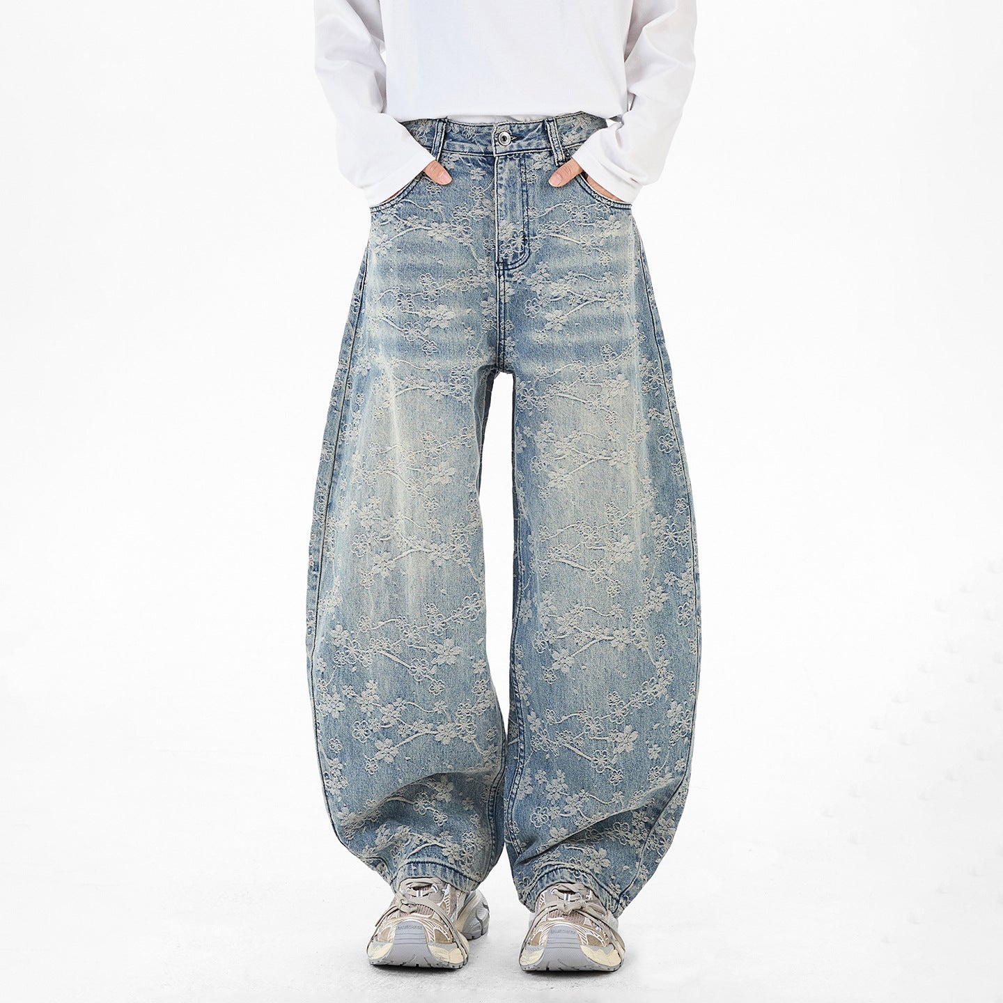 Floral Jacquard Straight Leg Denim Pants