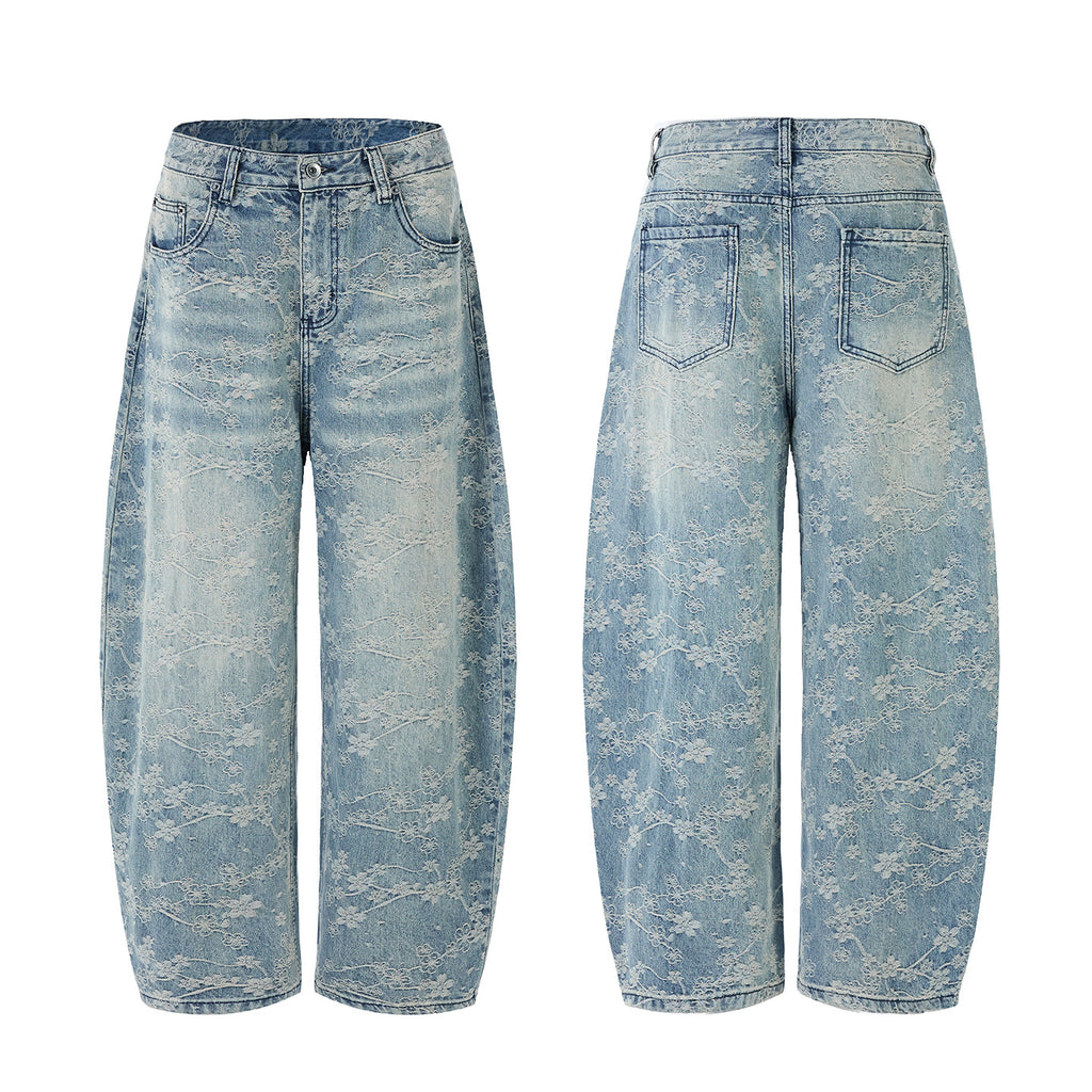 Floral Jacquard Straight Leg Denim Pants
