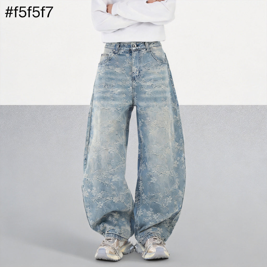 Floral Jacquard Straight Leg Denim Pants