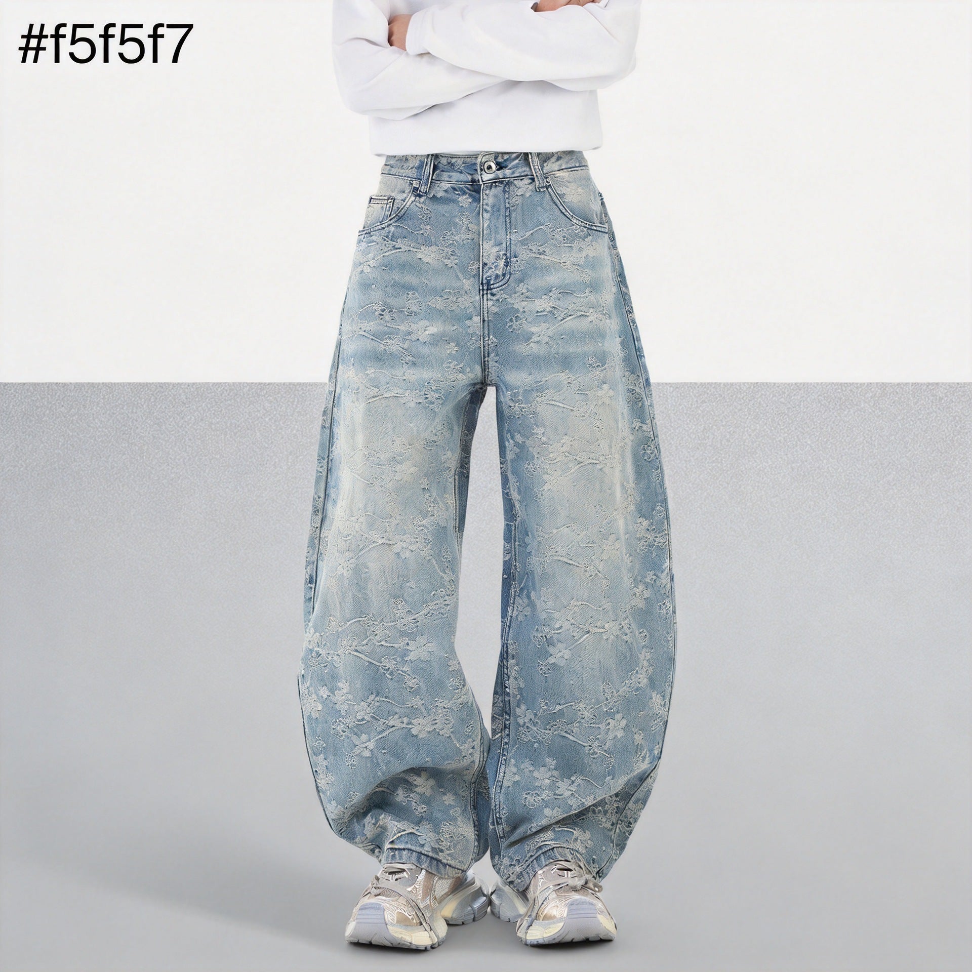 Floral Jacquard Straight Leg Denim Pants