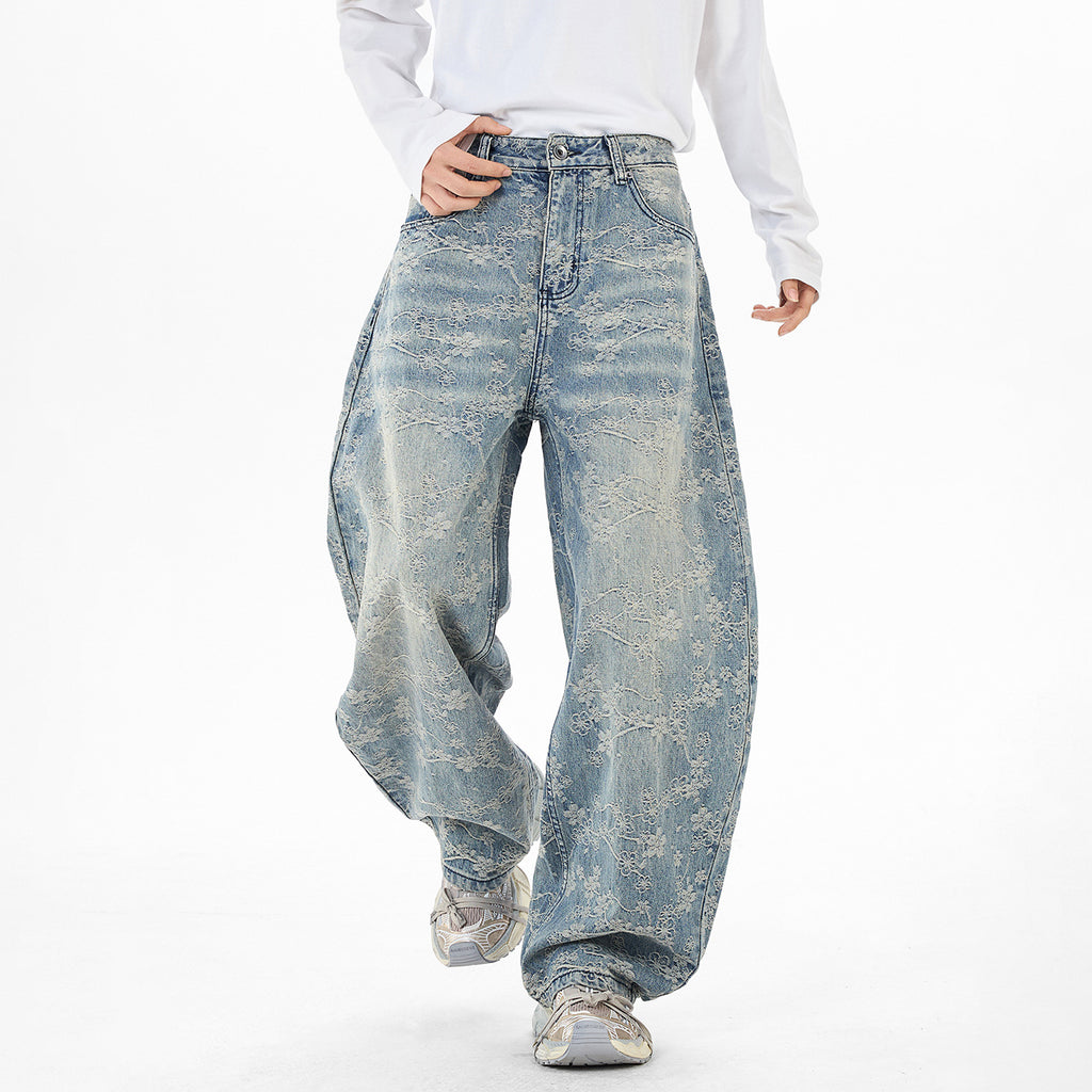 Floral Jacquard Straight Leg Denim Pants