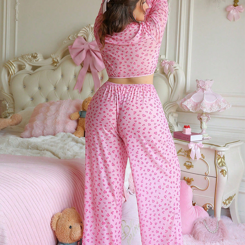 Sheer Lace Heart Print Pajama Set