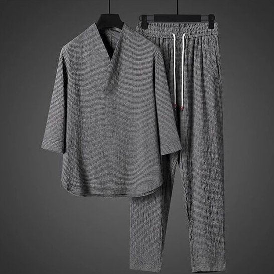 Mens Chinese Style Ice Silk Casual Suit