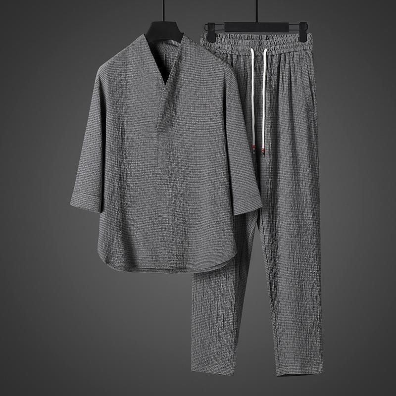 Mens Chinese Style Ice Silk Casual Suit
