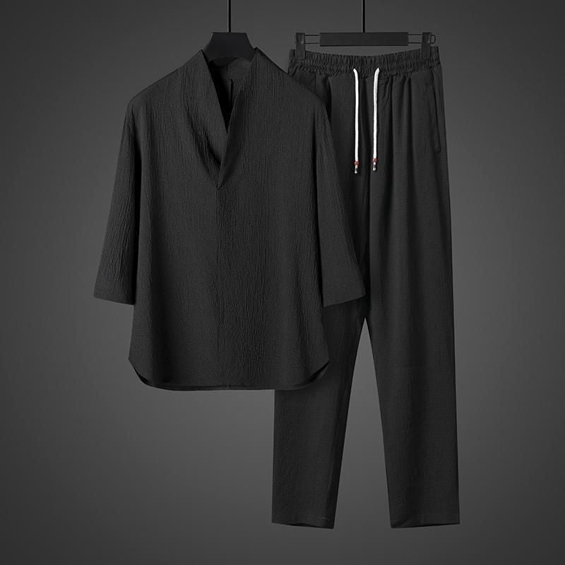 Mens Chinese Style Ice Silk Casual Suit